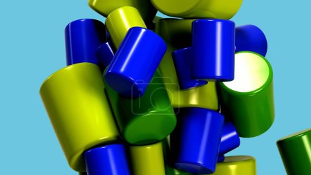Foto de Gráfico en 3D que representa un racimo de brillantes cilindros azules, verdes y amarillos flotando sobre un fondo azul. Fondo geométrico con cilindros blandos. Diseño gráfico. Renderizado 3D - Imagen libre de derechos