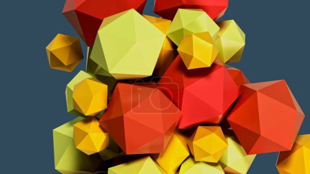 Foto de Gráfico en 3D que representa un racimo de icosaedros rojos, anaranjados y amarillos brillantes flotando sobre un fondo azul. Fondo geométrico con poliedros suaves agrupándose entre sí. Diseño gráfico. 3D - Imagen libre de derechos
