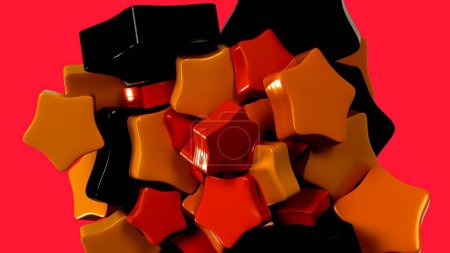 3D-Grafik, die eine Ansammlung glänzender weicher roter, orangefarbener und schwarzer Sterne auf rotem Hintergrund darstellt. Geometrischer Hintergrund mit weichen Fünfecken, die sich gegenseitig verklumpen. Grafikdesign. 3D Render