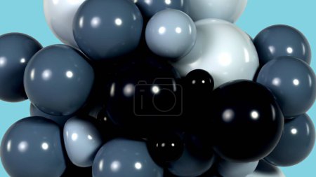 3D-Grafik, die eine Ansammlung glänzender weicher schwarzer und grauer Kugeln auf blauem Hintergrund darstellt. Geometrischer Hintergrund mit weichen Kugeln, die einander verklumpen. Grafikdesign. 3D Render