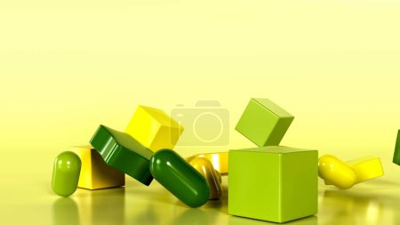 Foto de Gráfico en 3D que representa un racimo de brillantes cubos, cápsulas y estrellas de color verde y amarillo sobre un fondo de degradado amarillo. Fondo geométrico con formas suaves caen. Diseño gráfico. Renderizado 3D - Imagen libre de derechos
