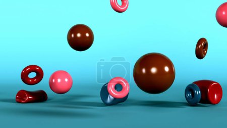 Foto de Gráfico en 3D que representa un grupo de brillantes esferas de color rojo suave, marrón, azul y rosa, cilindros, toros sobre un fondo azul. Fondo geométrico con formas suaves caen. Renderizado 3D - Imagen libre de derechos