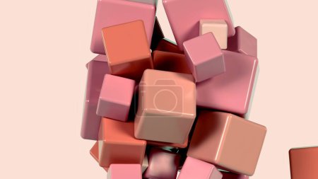 3D graphic depicting a cluster of shiny soft beige and pastel pink cubes on a beige background. Geometric background with soft cubes clumping each other. Graphic design. 3D Render