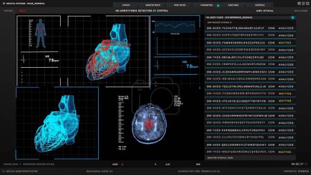 Visualización detallada de un sistema de monitorización médica avanzada con exploraciones cardíacas y cerebrales de alta resolución, signos vitales del paciente y análisis de datos en tiempo real. Formación médica.