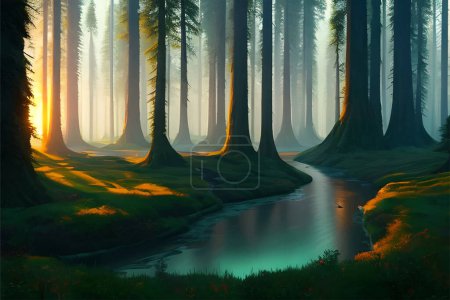 Illustration for Fairytale forest in the evening. Vector illustration - Royalty Free Image