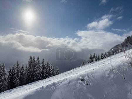 Téléchargez les photos : Vue latérale de la piste de ski très raide de la station de sports d'hiver Reutte sur la montagne Hahnenkamm avec de la neige fraîche - en image libre de droit
