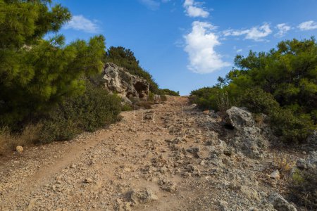 Téléchargez les photos : Chemin de pierre vers Anthony Quinn Bay Beach Viewpoint - Rhodes Grèce - en image libre de droit