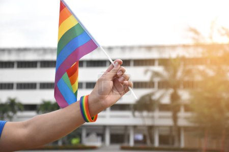 Photo for Rainbow flag holding in hand which has rainbow wristband, concept for celebration of lgbtq+ genders in pride month around the world, soft and selective focus. - Royalty Free Image