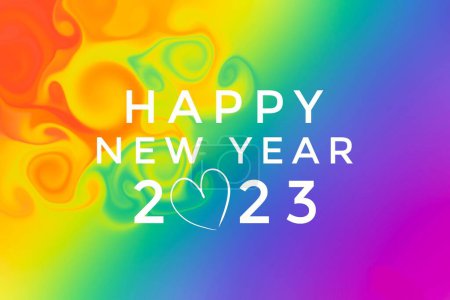 Foto de 'FELIZ AÑO NUEVO 2023 en borrosa mano dibujo azul amarillo y rosa colores fondo, concepto de tarjeta de invitación de felicitación y feliz año nuevo 2023 concepto. - Imagen libre de derechos