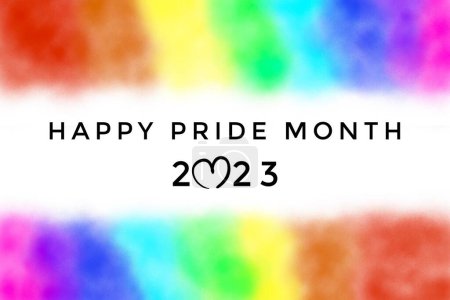 Dibujo de colores arco iris con textos feliz orgullo mes 2023, concepto para las celebraciones de año nuevo