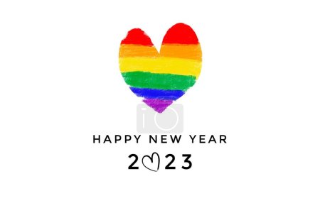 El dibujo de los colores del arco iris con los textos feliz año nuevo 2023, el concepto para las celebraciones de año nuevo