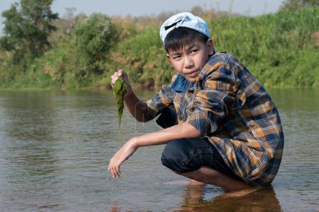 Foto de Asian boy in a plaid shirt wearing a cap holds freshwater algae that he plucks from a river in the area of his village to study the river's cleanliness, ecosystem, ecoeffect and pesticide effect. - Imagen libre de derechos