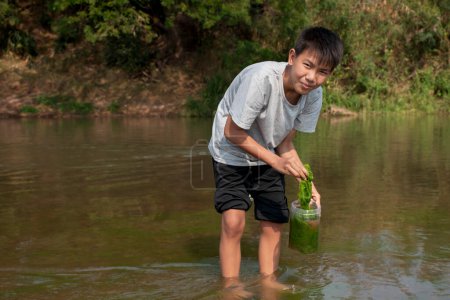 Photo for Asian boys hold freshwater algae that grows naturally in a river. Idea for studying nature, environmental conservation and observed the effect of higher temperature on the growth of underwater plants. - Royalty Free Image