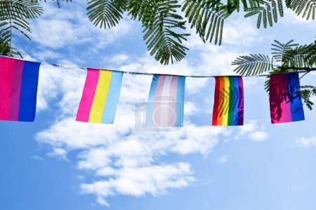 Banderas Lgbtq + fueron colgadas de alambre contra Bluesky en el día soleado, enfoque suave y selectivo, concepto para las celebraciones de género LGBTQ + en el mes del orgullo en todo el mundo.