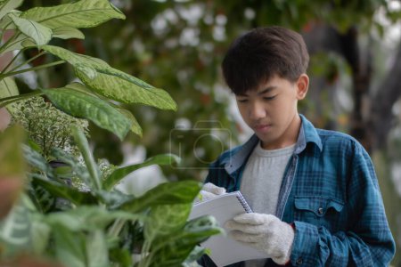 Asiatische niedliche Junge hält Stift und Notizbuch in der Nähe von verschiedenen Topfpflanzen und Aufzeichnung und lernen das Wachstum von Zimmerpflanzen, weiche und selektive Fokus.
