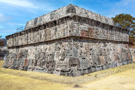 Wide-angle shot. Temple of the Feathered Serpent in Xochicalco. Archaeological site in Cuernavaca, Mexico