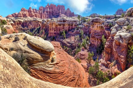 Wide-angle view of Chesler Park Loop Trail in Canyonlands National Park, Utah