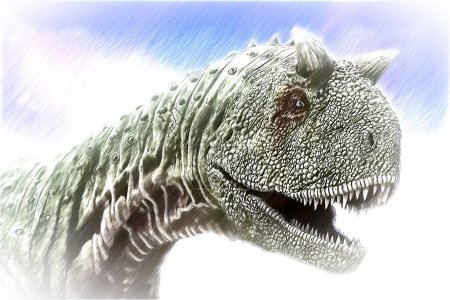 Dibujo de primer plano de un Carnotaurus. Carnotaurus es un dinosaurio terópodo depredador que vivió en Sudamérica al final del Cretácico Superior. La única especie es Carnotaurus sastrei. 