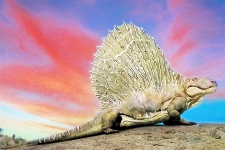 Farbzeichnung eines Dimetrodons. Das Dimetrodon war ein reptilienartiges Tier, das vor 295 bis 272 Millionen Jahren im Perm lebte. Dimetrodon war kein Dinosaurier