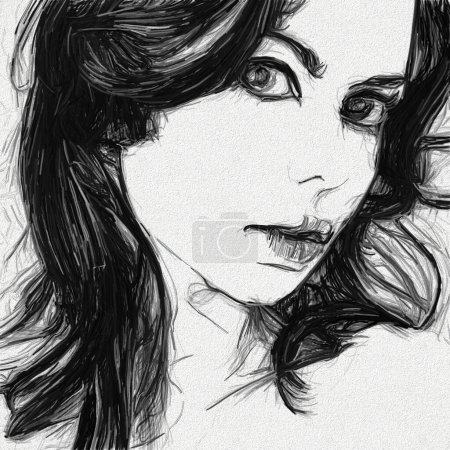Foto de Dibujo a lápiz de un primer plano de la cara de una joven - Imagen libre de derechos