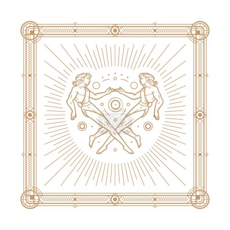 Illustration for Zodiac sign and astrology symbol, element. Outline vector illustration copper color on white illustration framed with ornamented paddings. - Royalty Free Image