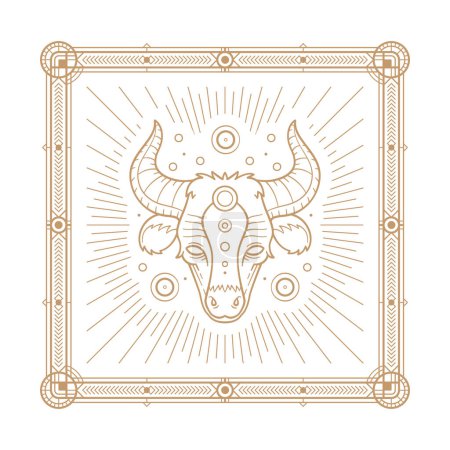 Illustration for Zodiac sign and astrology symbol, element. Outline vector illustration copper color on white illustration framed with ornamented paddings. - Royalty Free Image