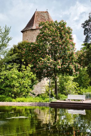 Téléchargez les photos : Weinheim, Allemagne - 19 mai 2021 : Tour derrière un étang et des arbres par une journée ensoleillée de printemps dans un parc à Weinheim, Allemagne. - en image libre de droit