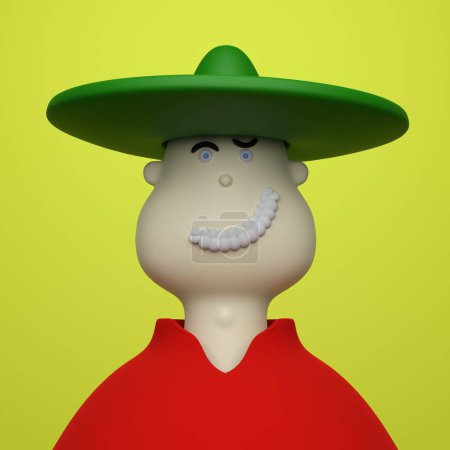 Photo for Cheerful young man in mexican sombrero hat and red shirt . 3d character illustration render - Royalty Free Image