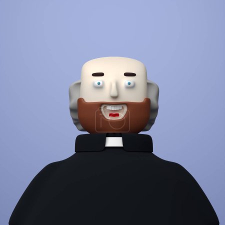 Photo for Funny smiling cheerful man priest in black mantle with white collar, bald top head but with beard. 3d stylized character illustration render - Royalty Free Image