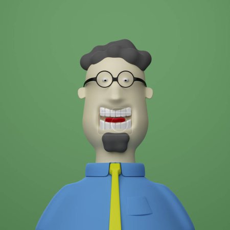 Photo for Cheerful man blue-collar office worker in blue shirt, yellow tie, wearing glasses, curly hair, goatee beard. 3d style character illustration render - Royalty Free Image