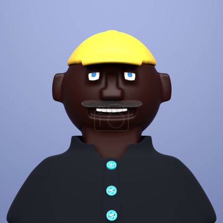 Photo for Funny smiling african american adult man with moustaches wearing black shirt and yellow baseball cap . 3d character illustration render - Royalty Free Image