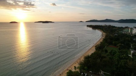 Kota Kinabalu, Malaysia  May 30 2024: The Tanjung Aru Beach During Sunset