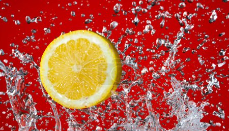 A dynamic display of three lemon slices frozen mid-air, surrounded by a lively splash of water, set against a vibrant red backdrop
