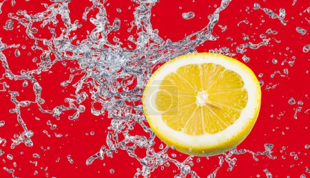 A dynamic display of three lemon slices frozen mid-air, surrounded by a lively splash of water, set against a vibrant red backdrop