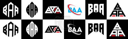 Ilustración de Diseño del logotipo de la letra BAA en seis estilos. BAA polígono, círculo, triángulo, hexágono, estilo plano y simple con el logotipo de la letra de variación de color blanco y negro establecido en una tabla de arte. Logo minimalista y clásico de BAA - Imagen libre de derechos
