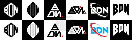 Illustration for BDN letter logo design in six style. BDN polygon, circle, triangle, hexagon, flat and simple style with black and white color variation letter logo set in one artboard. BDN minimalist and classic logo - Royalty Free Image