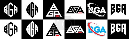 Illustration for BGA letter logo design in six style. BGA polygon, circle, triangle, hexagon, flat and simple style with black and white color variation letter logo set in one artboard. BGA minimalist and classic logo - Royalty Free Image