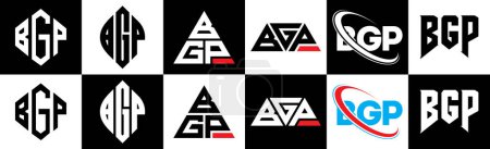 BGP lettre logo design dans six style. Polygone BGP, cercle, triangle, hexagone, style plat et simple avec lettre de variation de couleur noir et blanc logo dans un seul tableau. Logo BGP minimaliste et classique