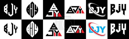 Illustration for BJY letter logo design in six style. BJY polygon, circle, triangle, hexagon, flat and simple style with black and white color variation letter logo set in one artboard. BJY minimalist and classic logo - Royalty Free Image