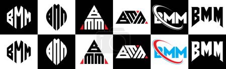 Illustration for BMM letter logo design in six style. BMM polygon, circle, triangle, hexagon, flat and simple style with black and white color variation letter logo set in one artboard. BMM minimalist and classic logo - Royalty Free Image
