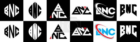 Ilustración de Diseño del logotipo de la letra BNC en seis estilos. BNC polígono, círculo, triángulo, hexágono, estilo plano y simple con el logotipo de la letra de variación de color blanco y negro establecido en una tabla de arte. Logo minimalista y clásico de BNC - Imagen libre de derechos