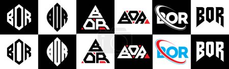 Illustration for BOR letter logo design in six style. BOR polygon, circle, triangle, hexagon, flat and simple style with black and white color variation letter logo set in one artboard. BOR minimalist and classic logo - Royalty Free Image