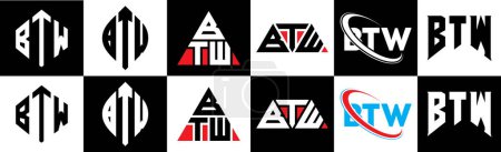 Illustration for BTW letter logo design in six style. BTW polygon, circle, triangle, hexagon, flat and simple style with black and white color variation letter logo set in one artboard. BTW minimalist and classic logo - Royalty Free Image