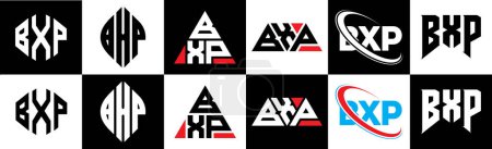 Illustration for BXP letter logo design in six style. BXP polygon, circle, triangle, hexagon, flat and simple style with black and white color variation letter logo set in one artboard. BXP minimalist and classic logo - Royalty Free Image