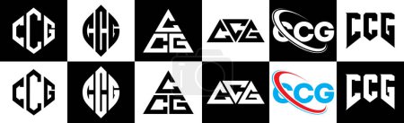 Ilustración de Diseño del logotipo de la letra CCG en seis estilos. CCG polígono, círculo, triángulo, hexágono, estilo plano y simple con el logotipo de la letra de variación de color blanco y negro establecido en una tabla de arte. Logo minimalista y clásico de CCG - Imagen libre de derechos
