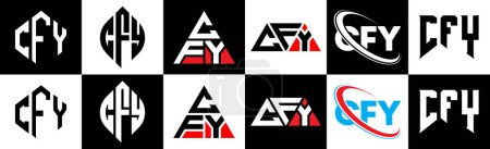Ilustración de Diseño del logotipo de la letra CFY en seis estilos. Polígono CFY, círculo, triángulo, hexágono, estilo plano y simple con el logotipo de la letra de variación de color blanco y negro establecido en una tabla de arte. Logo minimalista y clásico de CFY - Imagen libre de derechos
