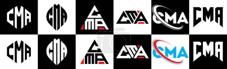CMA letter logo design in six style. CMA polygon, circle, triangle, hexagon, flat and simple style with black and white color variation letter logo set in one artboard. CMA minimalist and classic logo