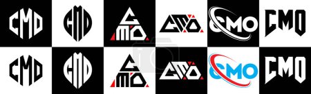 Illustration for CMO letter logo design in six style. CMO polygon, circle, triangle, hexagon, flat and simple style with black and white color variation letter logo set in one artboard. CMO minimalist and classic logo - Royalty Free Image