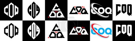 Illustration for COQ letter logo design in six style. COQ polygon, circle, triangle, hexagon, flat and simple style with black and white color variation letter logo set in one artboard. COQ minimalist and classic logo - Royalty Free Image