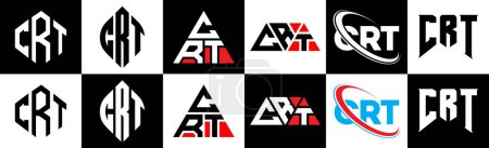 Diseño del logotipo de la letra CRT en seis estilos. Polígono CRT, círculo, triángulo, hexágono, estilo plano y simple con el logotipo de la letra de variación de color blanco y negro establecido en una tabla de arte. Logo minimalista y clásico de CRT